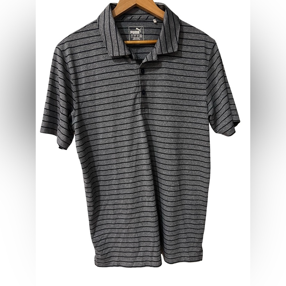 Puma Men's Heathered Blue and Navy  Striped Polo Shirt